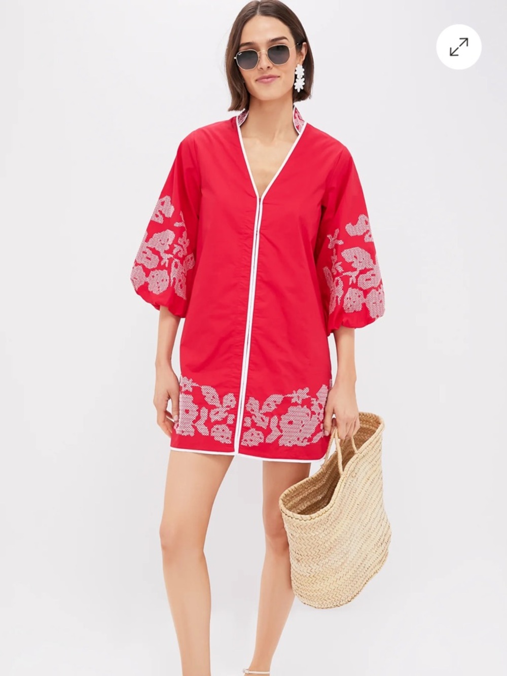 Red & White Embroidery Mini Arem Caftan
 Dress Hyacinth House Tuckernuck NWT